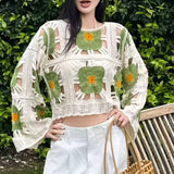 KYLETHOMASW  -  Korean Version Women's Floral Crochet Knit Top Hollow Out Long Sleeve Casual Summer Loose Cropped Knitwear Blouse