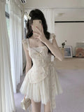 KYLETHOMASW  -  French Style Elegant Faux Two-piece Dress Fashion Design Party Outfits Summer New Floral Bow Splicing Puffed Waist Dresses
