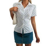 KYLETHOMASW  -  Women's Ruched Button Down Shirt Short Sleeve Tie Back Fitted Blouses