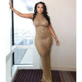 Kylethomasw Gold Rhinestone Mesh Prom Maxi Dress Long Luxury Elegant See Through Outfits Party Sexy Diamond Night Club Bodycon Dresses