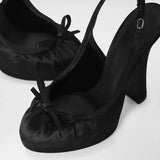 KYLETHOMASW  -  New Women's Beige/Black Satin Slingback Pumps Bowknot Decor Round Toe Platform Block High Heel Fashion Party Evening Shoes