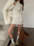 KYLETHOMASW  -  Open Back Cable Knit Mini Dress Plain Casual Slim Turtleneck Long Sleeve Bodycon One-piece Autumn Winter Women Clothes