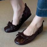 KYLETHOMASW  -  Red Bow Pleated Design Brand Ballet Flat Shoes Women Retro Round Toe Shallow Mary Jane Shoes Comfortable Moccasin Casual Shoes
