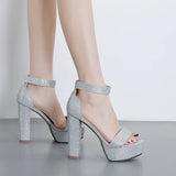 KYLETHOMASW  -  Sexy High Heels Platform Sandals For Women Silver Fashion Open Toe Crystal Buckle Thick Heel Wedding Party Female Designer Shoes