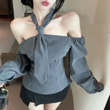 Kylethomasw Off-shoulder Contrast Color Striped Sexy Long Sleeve Shirt Women 2024 Autumn New High Street Loose Casual Lace-up Halter Tops