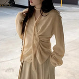 Kylethomasw V-neck Single-breasted Pleated Casual Long-sleeved Cardigan Women Autumn New High Street Pleated Lace-up Solid Color Tops