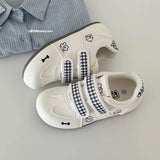 KYLETHOMASW  -  Ladies Sweet Velcro SneakersCartoon PatternEmbroidery Plaid StrapDesign Round Toe Soft Sole Lightweight All‑match Daily Footwear