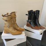 KYLETHOMASW  -  Yellow Cowboy Boots Women Lace Up Belt Buckle Block Heels Mid-calf Western Boots Autumn Vintage Designer Shoes Black Botas Mujer