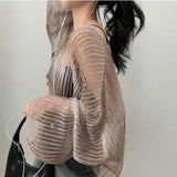 KYLETHOMASW  -  Korean Fashion Women T Shirts Chic Design Gradient Irregular Hollow Out Knitted Top 2024 Summer Loose Long Sleeved Pull