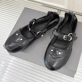 KYLETHOMASW  -  Fashion Rivet Decoration Mary Jane Shoes Retro Square Toe Comfort Soft Sole Ballet Flats Women Belt Buckle Shallow Designer Shoe