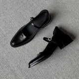 KYLETHOMASW  -  Women Shallow Mouthed Mary Jane Shoes Thick Heel with A Single Button Women Leather Shoes Metal Decorative Leisure Flat Shoes