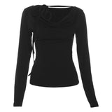 Kylethomasw Vintage Pleated Solid Color All-match Long-sleeved T-shirt Women Spring New Korean Lace-up Sexy Slim Threaded Tops
