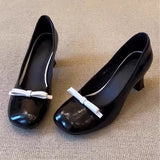 KYLETHOMASW  -  Retro Bowknot High Heeled Mary Jane Shoes Women Designer Pumps Shallow Comfort Round Toe Elegant Office Women Shoes Talons Femme