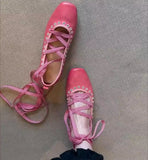 KYLETHOMASW  -  Cowhide Version Pink Single Shoe Women's Square Head Shallow Mouth Design Sense Cross Strap Ballet Shoes Low Heel Mary Jane Shoe