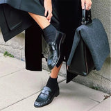 KYLETHOMASW  -  Women's New Retro Pleated Black Leather Penny Loafers Premium Eel Skin Texture Comfortable Slip-On Flats Daily Office Casual