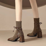 KYLTHOMASW  -   New French Style Square Toe Chunky Heel High Heeled Short Boots for Women Autumn Winter Single Boots Women Womens Boots