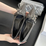 Kylethomasw Elegant Patent Leather Metal Belt Buckle Designer Women Pumps Sexy Pointed Toe Thin High Heels High Quality Mary Jane Mules Shoe
