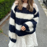 KYLETHOMASW  -  Women Autumn Winter Loose Fit Knitwear Jumpers Vintage Striped Fuzzy Knitted Sweater Casual Boat Neck Long Sleeve Pullover Tops