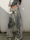 KYLETHOMASW  -  American Plus Size Graffiti Jeans Women Y2K Hot Girl Style Music Note Print Distressed Washed Blade Cut Streetwear Pants Trendy