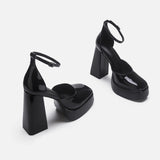 KYLETHOMASW  -  Women's Black Ultra High Heel Waterproof Platform Lacquer Leather Round Toe Thick Sole Single Shoe Large High Thick Heels