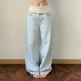 KYLETHOMASW  -  Light Blue Woman' Straight-leg Pants Casual Style Denim Pants Retro Spice Girls Trousers High Waist Solid Color Jeans