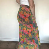 KYLETHOMASW  -  High Waisted Floral Print Skirt for Women's Summer Spicy Girl Irregular Mesh Split Long Skirt Fashion Female Clothes