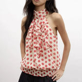 KYLETHOMASW  -  Fashion Original Design Red Polka Dot Half Turtle Collar Halter Stitching Ruffled Loose Sleeveless Top T-Shirt Women Chic