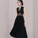 Kylethomasw Runway Party Dress 2024 Summer Women Sexy Temperament V Neck Sleeveless Lace Patchwork Perspective Waist Pleased Dresses