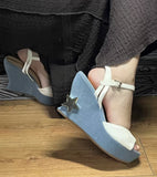 KYLETHOMASW  -  Summer Casual Style Women's Platform Wedge Peep-Toe Sandals White Snake-Embossed Upper Silver Star Accent Retro Sandals