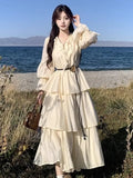 KYLETHOMASW  -  Elegant Solid Ruffles Cake Dress for Women Long Flare Sleeve O-neck Lace-up Slim with Belt Vestidos Vintage Evening Party Robe