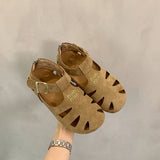 KYLETHOMASW  -  ONG Genuine Leather Hollow out Flat Roman Sandals Versatile Casual Cage oes mid Heel round Toe Summer Faion Women's oes