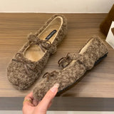 KYLETHOMASW  -  Elegant Purple Fluffy Warm Ballet Flats Women Fall Winter Bow Design Flat Loafers Comfortable Soft Sole Mary Jane Shoes