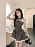 KYLETHOMASW  -  Bow Printed Halter Neck Dress Women's Summer Strapless Slim Fit A-line Short Dress Fashion Female Clothes