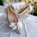 KYLETHOMASW  -  Original Handmade Lolita Shoes Flower Wedding Gorgeous High Heels Loli Sparkling Pearl Bow Princess Pumps Wedding Shoes Bride