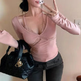 Kylethomasw Korean V-neck Sexy Slim Long-sleeved T-shirt Women 2025 Spring New Fake Two-piece Lace Splicing Solid Color All Match Tops