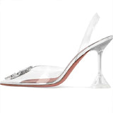 Kylethomasw Luxury Designer CRYSTAL Diamond PVC Transparent High Heels Women Sexy Pointed Toe Women Pumps Elegant Banquet Prom Dress Shoes