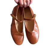 KYLETHOMASW  -  Retro Leather Mary Jane Shoes Women with Buckle Low Heel British Style Slip-On Round Toe Vintage Soft Casual Comfortable Flats