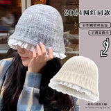 KYLETHOMASW  -    Korean Sweet Hot Girl Lace Knitted Bucket Hats Women's Autumn/winter Cute Patchwork Bowler Hat Fashion Female Trendy Accessories