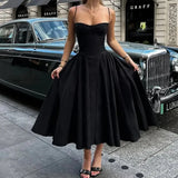 KYLETHOMASW  -  Elegant Spaghetti Strap Dress Women French Retro Party Slim A Line Solid Dress New Summer Off Shoulder Lady Vestidos