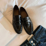KYLETHOMASW  -  Women's New Retro Pleated Black Leather Penny Loafers Premium Eel Skin Texture Comfortable Slip-On Flats Daily Office Casual