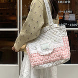 KYLETHOMASW  -  Kawaii Floral Bear Quilted Tote Bag Plaid Splicing Lace Decor Shoulder Bag Cartoon Large Capacity Women Casual School Handbag
