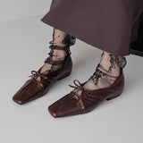 KYLETHOMASW  -  Women Pleated Hollow Mary Jane Style Shoes with Bow Design Flat Shoes Square Toe Casual Comfortable Outdoors Women Shoes Fashion