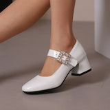 KYLETHOMASW  -  Plus Size 48 Women Patent Leather Mary Jane Shoes Sparkly Crystal Rhinestone Burgundy White Block Heel Pumps Party Shoe