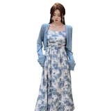 KYLETHOMASW  -  Autumn 2PCS Sexy Spaghetti Strap Print Dress for Women A-line Long Dress Slim Fit Temperament Elegant Vacation Beach Dress