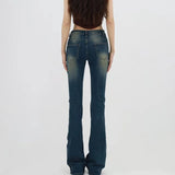 KYLETHOMASW  -  Vintage Americana Low Rise Flared Jeans Rivet Studs Distressed Washed Denim Pants Bootcut Slim Y2K Harajuku Street Denim Pants