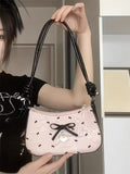 KYLETHOMASW  -  Korean Sweet Yarn Bow Underarm Bag Women's Pink Contrast Single Shoulder Crossbody Commuter Bags