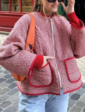 KYLETHOMASW  -  European and American style winter new round neck zipper retro red plaid warm cotton jacket