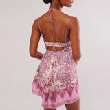 KYLETHOMASW  -  Sweet Girl Floral Print Suspender Short Dress Sexy Backless Sleeveless Club Mini Dress Elegant Hollow Out Party Dress for Women