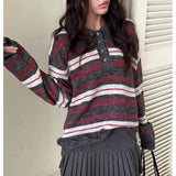 KYLETHOMASW  -  Harajuku Striped Sweater Women Vintage Patchwork Knitted Pullovers Streetwear Korean Knitwears Winter Long Sleeve Jumpers
