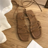 KYLETHOMASW  -  Vintage Square Toe Women Sandals Sexy Solid Color Cross Strap Flat Shoes Fashion Trend Anti-slip Wear-resistant Sandalias